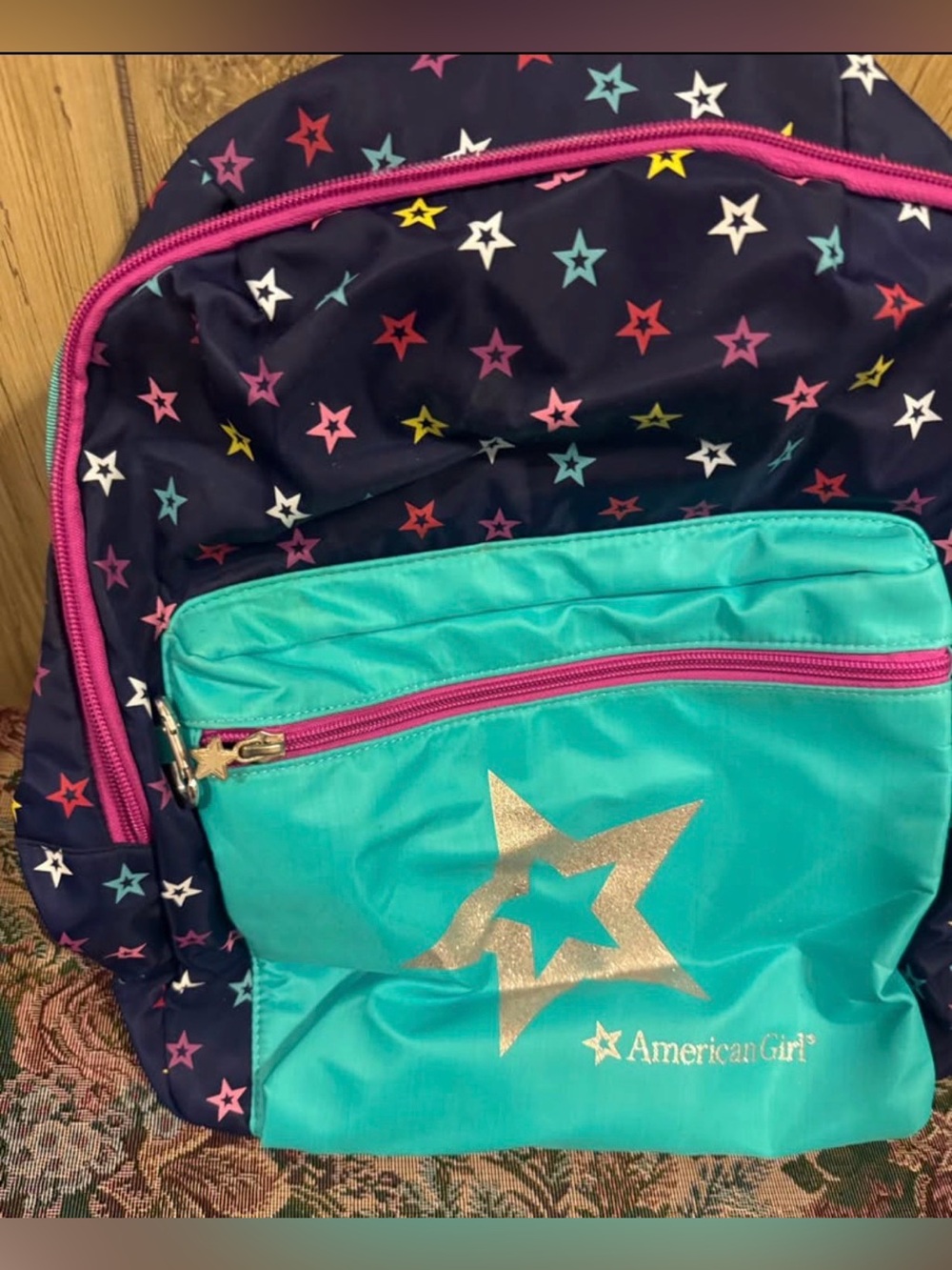 American Girl Navy Star Print Backpack with Teal Front and Pink Accents